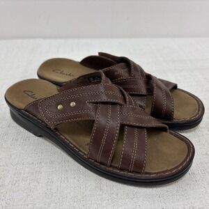 Clarks Womens Brown Leather Crisscross Strap Slide Slip On Sandal Size 8